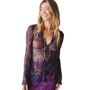 Natural Life Carina Sheer Mesh Top Dark Floral Y2K Whimsigoth Grunge Small